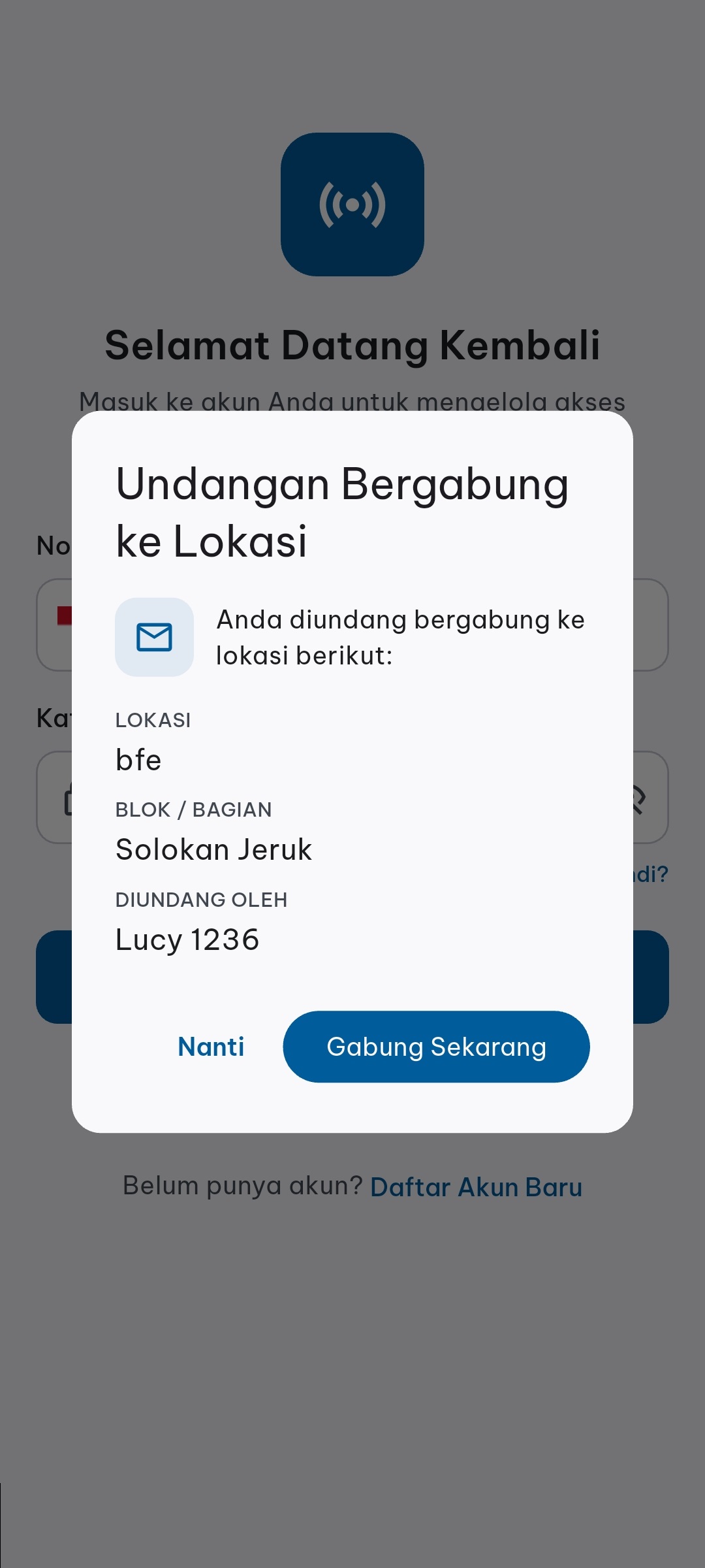 Screenshot Konfirmasi Bergabung via Undangan